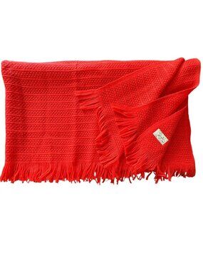 Vintage Faribault Woolen Mills Lipstick Red Thermal Weave Blanket With Fringe